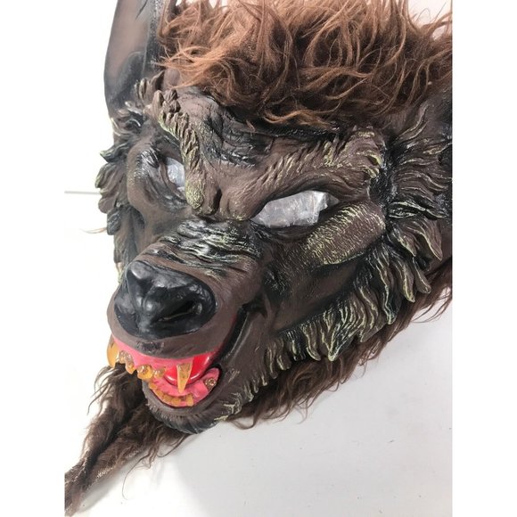 Scary Werewolf Mask Full Head Mask Adult Size Latex Face With Brown Fur Fangs - Picture 5 of 12